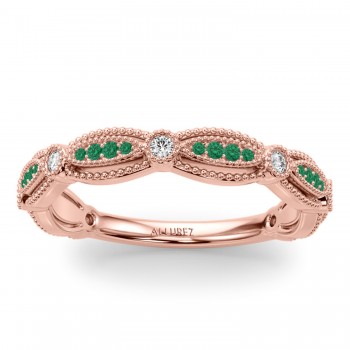 Antique Style & Emerald Wedding Band Ring 14K Rose Gold (0.20ct)